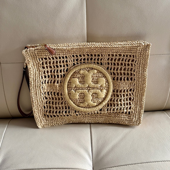 Authentic Tory Burch 155038 Natural Raffia Ella Crochet Pouch Wristlet - Picture 4 of 10